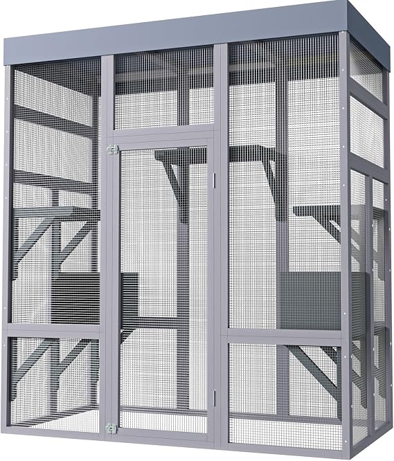 70" Large Outdoor Cat Catio Enclosure, Wooden Cat House with Removable Roof, 5 Platforms, 2 Resting Boxes & Lockable Doors, Spacious Walk-in Cat Cage for Indoor & Outdoor Use, Gray