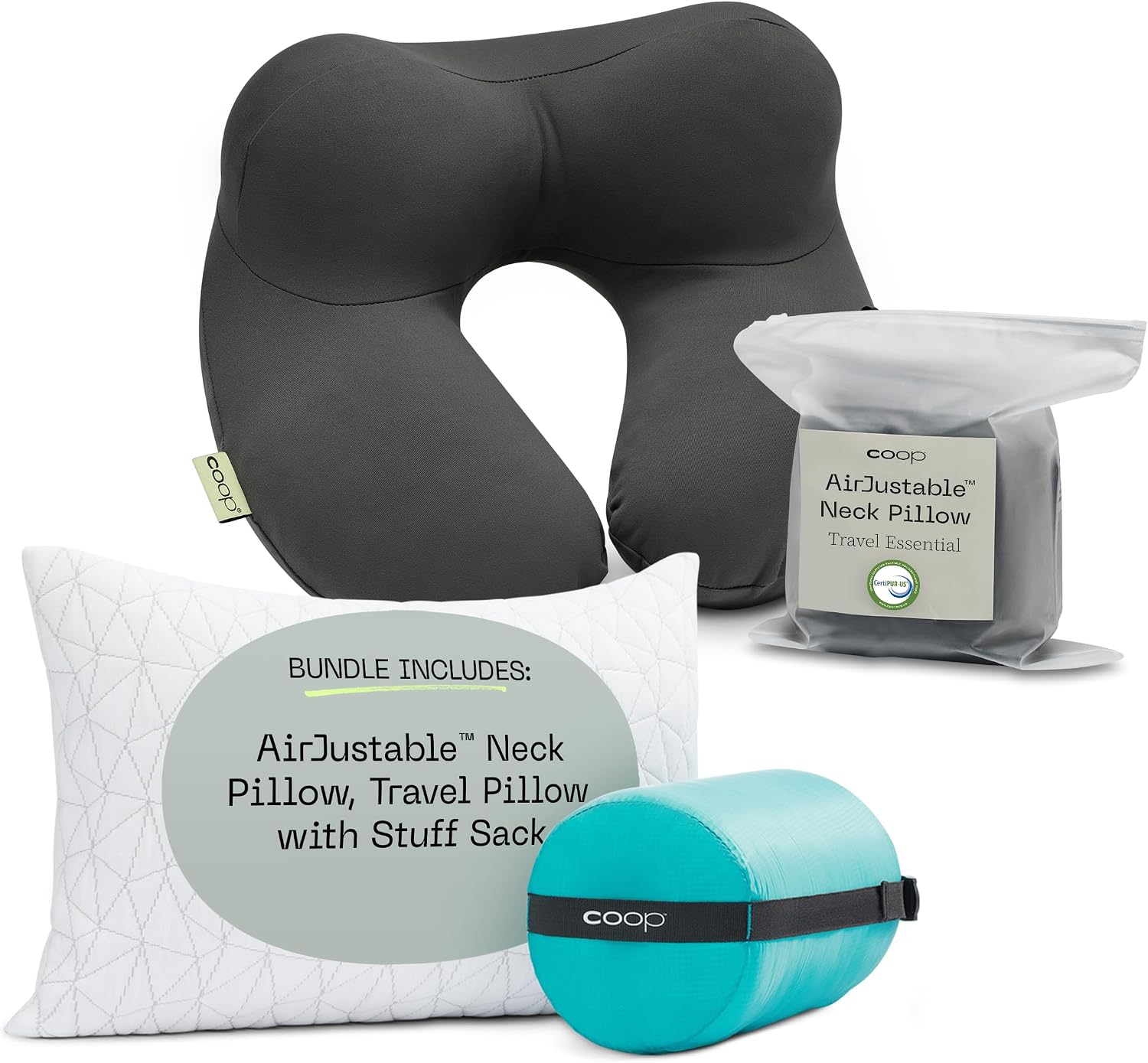 Coop Home Goods AirJustable Travel Neck Pillow and Camping Pillow Bundle