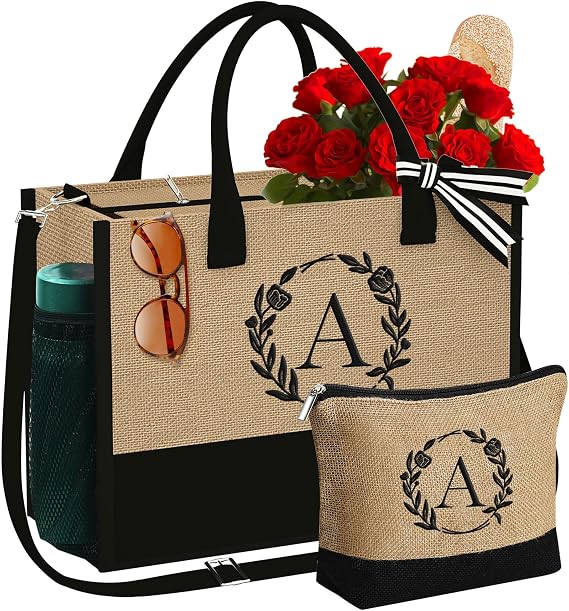 YOOLIFE Personalized Gifts for Women Initial Jute Tote Bag Makeup Bag