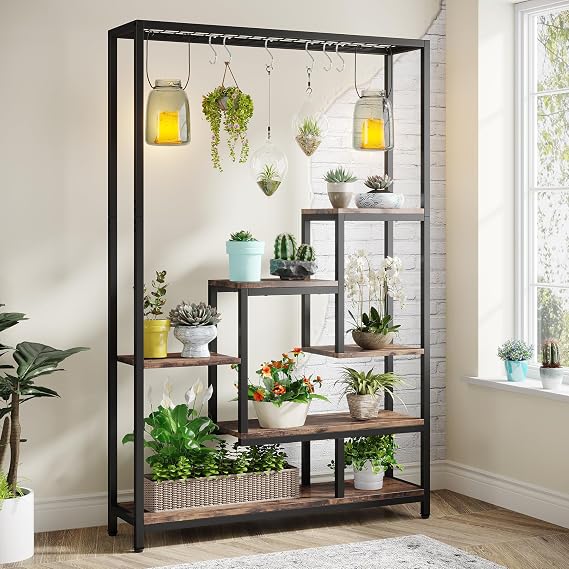 Tribesigns 5-Tier Tall Indoor Plant Stand, 70.9 inches Large Metal Plant Shelf with 6PC S Hanging Hooks, Multi-Purpose Flower Bonsai Pots Display Rack for Indoor, Garden, Balcony, Living Room