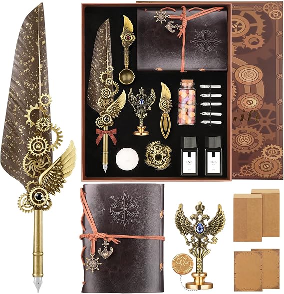 Quill Pen and Ink Set,Calligraphy Pen Set for beginners,Feather Pen Set with Leather Notebook,Pen Holder,5 Replaceable Nibs,Bookmark,Letter Writing Kit & Wax Seal Stamp Kit-Calligraphy Pens Gift Set