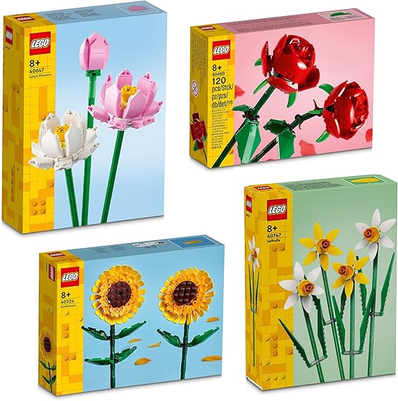 BRICK Flip Lego Flowers Set of 4: 40460 Roses & 40524 Sunflowers & 40647 Lotus Flowers & 40747 Daffodils | Botanical Collection | Icons