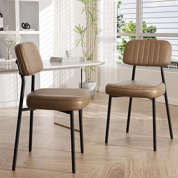 Dining Chairs Set of 2, Modern Faux Leather Dining Chairs with Thick Cushions Seat Back and Metal Legs, Comfy Upholstered Kitchen Chairs for Dining Living Room (Brown)