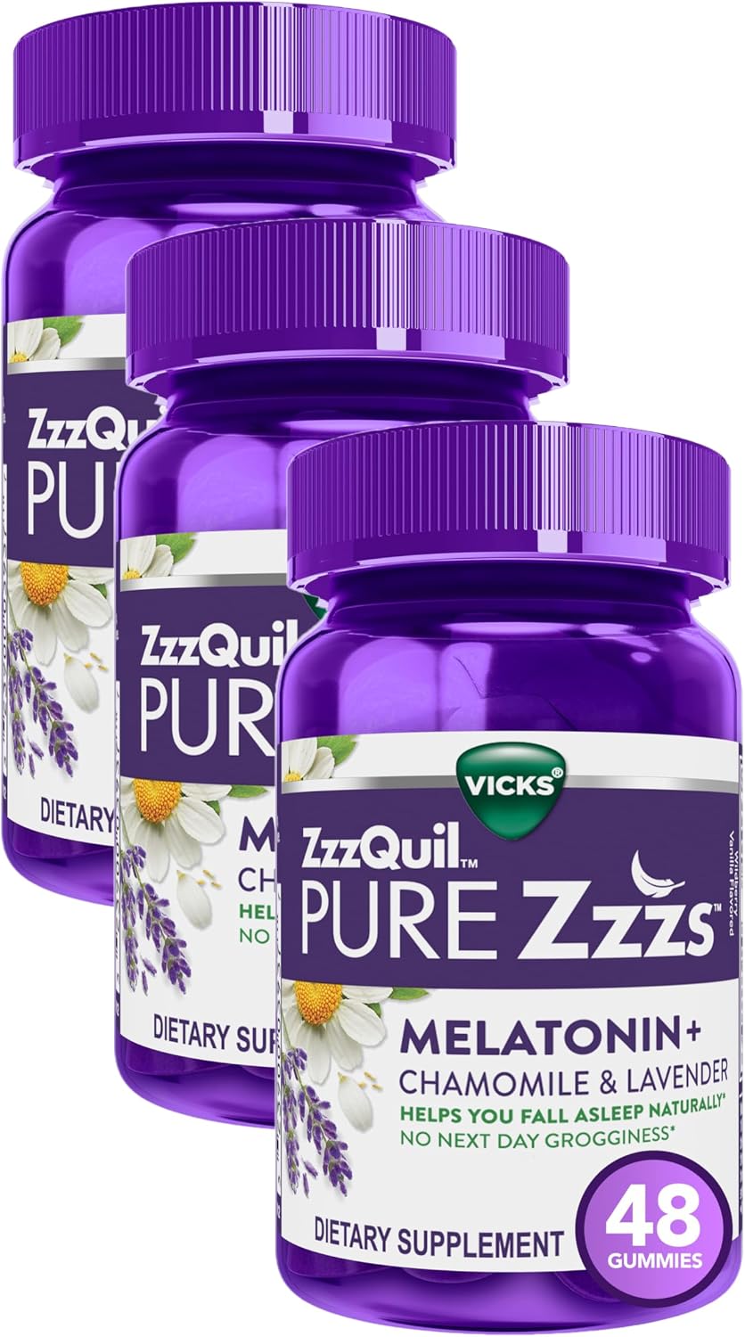 ZzzQuil Pure Zzzs, Melatonin Sleep Aid Gummies with Lavender, Valerian Root and Chamomile, Natural Wildberry Vanilla Flavor, Non-Habit Forming, Drug-Free, 48 Count Pack of 3
