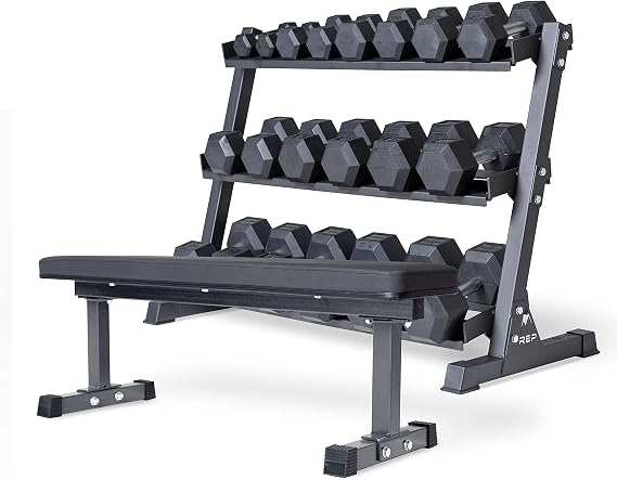 REP FITNESS Dumbbell Set with Bench 5-50, 5-75 or 5-100 Rubber Hex Dumbbell Set with Either Flat or Adjustable Bench