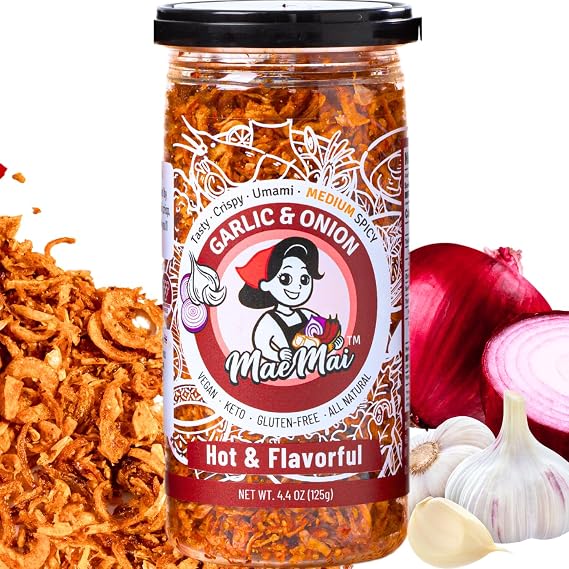 MaeMai Chili Crisp (MEDIUM HOT Spice) - Non-Oily Chili Crisp Topper, Rice Seasoning, Ramen Topper, Furikake, Umami Onion & Garlic Flakes | 4.41oz (125g) Resealable Bottle