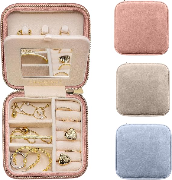 Benevolence LA Champagne, Dusty Pink and Periwinkle Blue Plush Velvet Travel Jewelry Organizer Box | Travel Jewelry Case | Jewelry Travel Organizer with Mirror | Jewelry Travel Case for Women