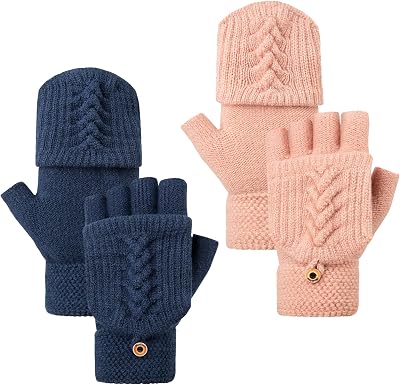 YSense Womens Winter Gloves, 2 Pack Warm Knitted Convertible Fingerless Gloves for Women Gifts with Mittens Cover Cap