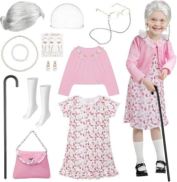 Gleamkid Old Lady Costume for Kids: 100 Days of School Costume for Girls