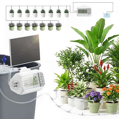 Automatic Drip Irrigation Kit, Solar & USB Rechargeable Auto Plant Watering System with Programmable Timer, Anti-Siphon Valve, DIY Irrigation System for up to 15 Outdoor/Indoor Potted Plants