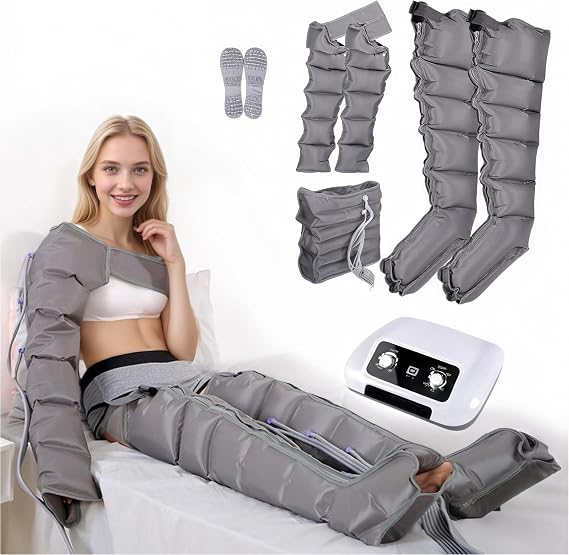 Pressotherapy Legs and Abdomen, Boots Pressotherapy Legs, 6 Chambers Machine Massager Lymphatic Drainage Circulation, 0-30 Min, 0-240 Mmhg Adjustable (Grey, 2 Arms + 2 Legs + Abdomen)