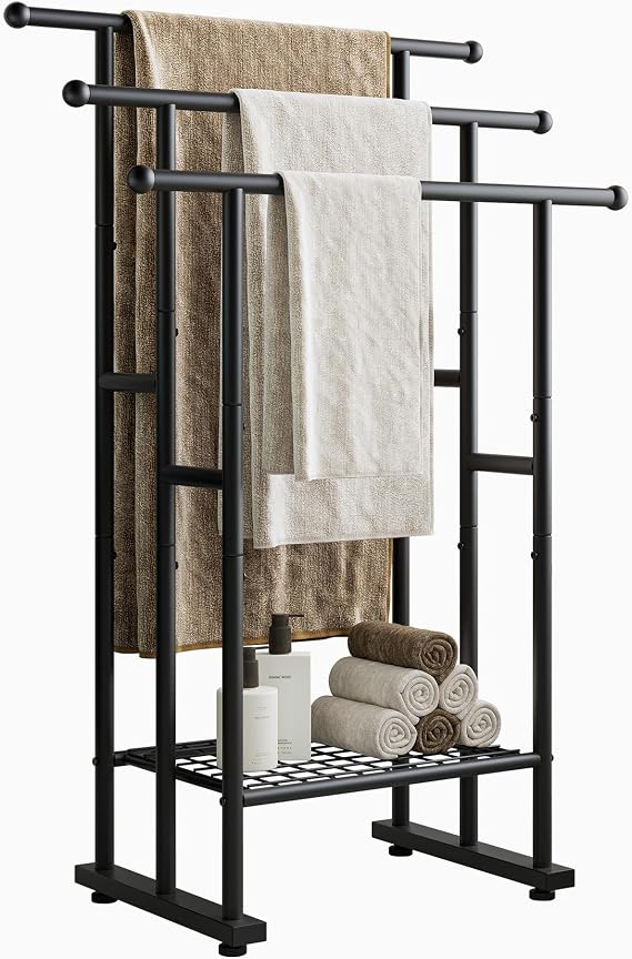 Freestanding Towel Rack, Black | Metal Ladder, 3 Towel Rails, Storage Shelf, Drying Stand