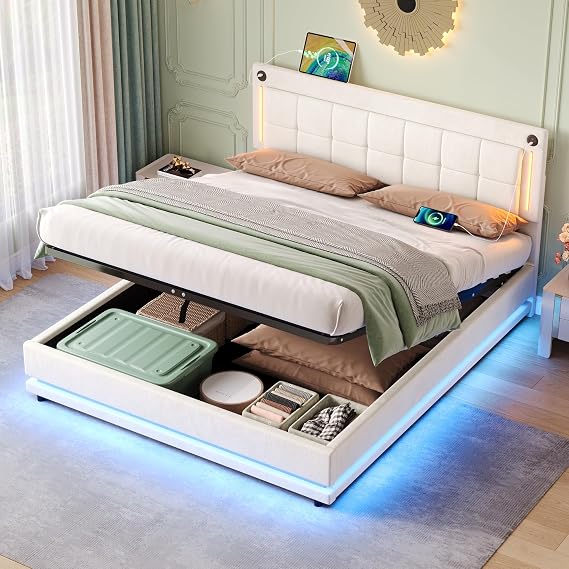 L-E-D Hydraulic Bed with Charging Station, Adjustable Square Tufted Headboard with Intelligent Control Light, Soft Velvet Bed Frame with USB and Type - C Ports (Beige, 135cm*190cm)