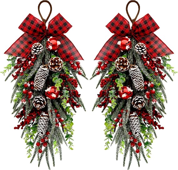nuvagiki Christmas Teardrop Swag Decorations, Christmas Teardrop Wreath Artificial Bells Pinecones Berries Hanging Decor, Red Checked Bow Swag Decorations for Front Door Mantle Wall Indoor Home Decor