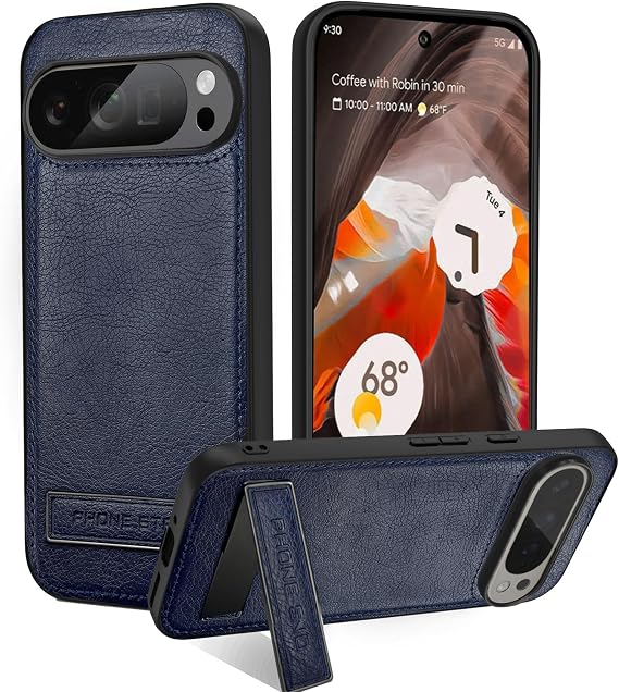 Google Pixel 9/9 Pro用レザーケース、スリムスマホカバー、キックスタンド付き保護スリム、バンパー耐衝撃保護レザーケース Google Pixel 9/9 Pro対応 ブルー