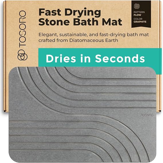 TOSORO - Stone Bath Mat, Diatomaceous Earth Non-Slip Stone Shower Mat - Quick Drying Absorbent Bath Mats for Bathroom - Elegant & Modern Design, Easy to Clean (23.5 x 15) Graphite & Grey