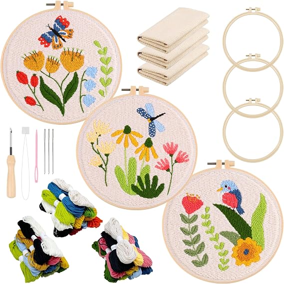 Allazone 3 Set Embroidery Starter Kits for Beginner, Butterfly and Bird Punch Needle Kit with Instruction, Plastic Hoop, Yarns and Embroidery Handle Needle Pen
