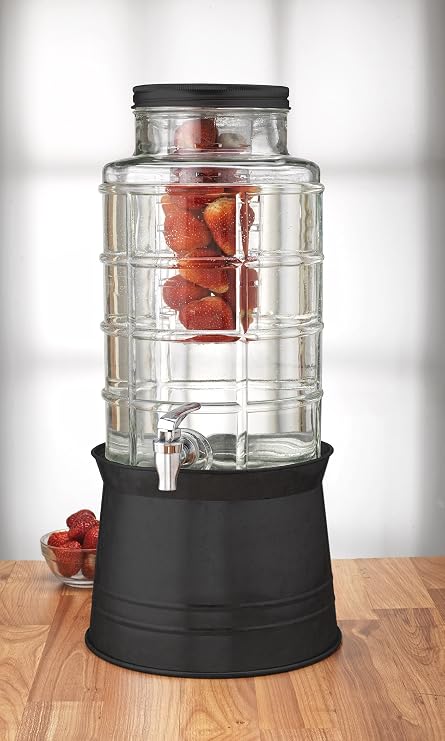 Circleware Big Window Glass Beverage Dispenser with Base Metal Stand Transforms to Ice Bucket, Lid, Fruit Infuser and Ice Insert, Entertainment Kitchen Drinking Glassware, Huge 2.4 Gallons, Black | Bpa Free Heavy Base Tumblers Break Resistant Glass, Great Gift For Christmas Birthdays & Weddings. Durable For Daily Use