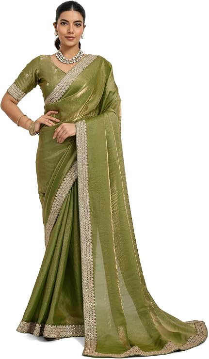 Women's Shimmer Satin Embroidery Border Saree with Blouse Piece