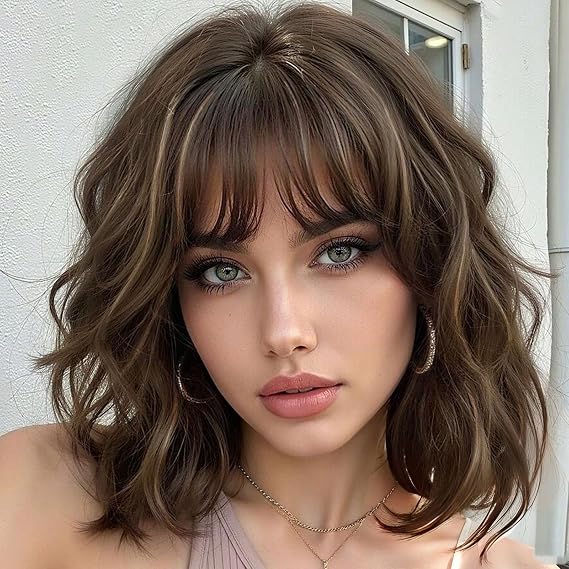 AISI HAIR Bob Curly Wig with Bangs Short Wavy Wigs for Women