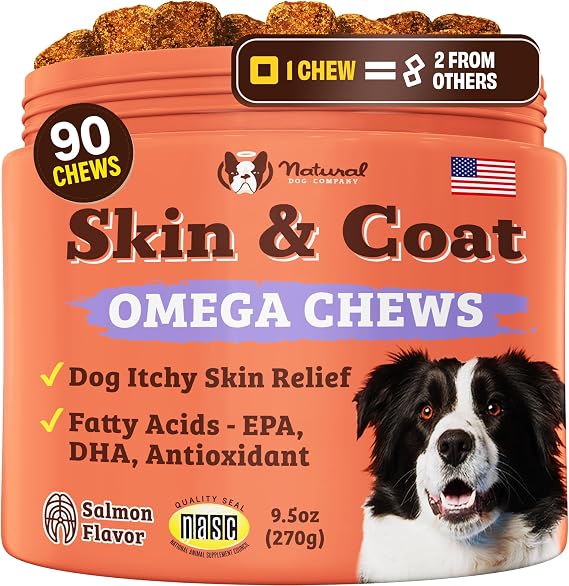 Natural Dog Company Skin & Coat Supplement for Dogs Omega 3 Salmon Oil, Biotin & Vitamin E Support Shiny Coat, Healthy Skin & Normal Shedding, Promotes Comfort from Occasional Itch, 90 Count