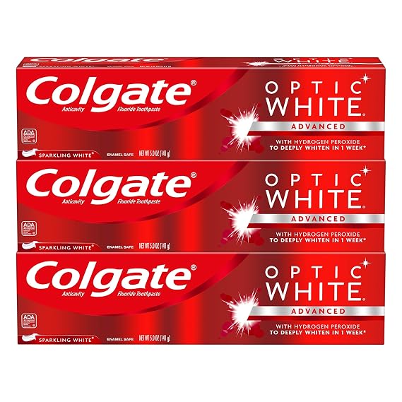 Colgate Optic White Whitening Toothpaste, Sparkling White - 5 ounce (3 Pack)