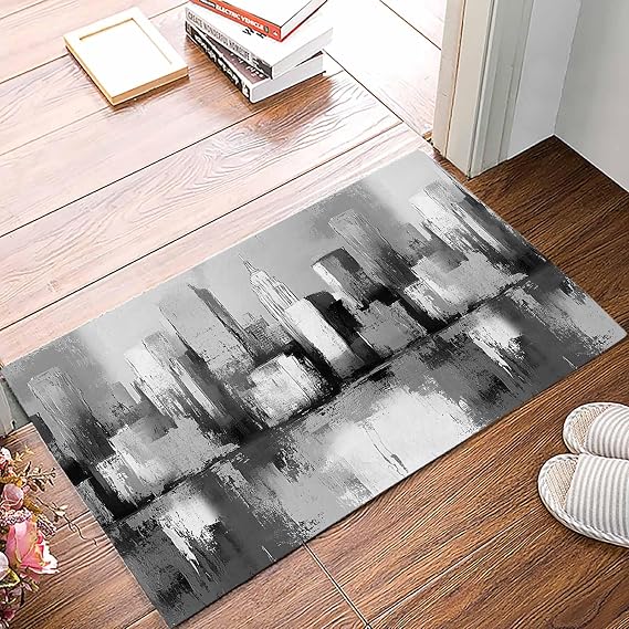 Grey Oil Painting Door Mat, Non Slip Bathroom Rugs, Modernism Minimalist City Absorbent Floor Mats, Washable Runner Rug Indoor Doormat for Front Door Entrance, Patio, Garage 16"x24"