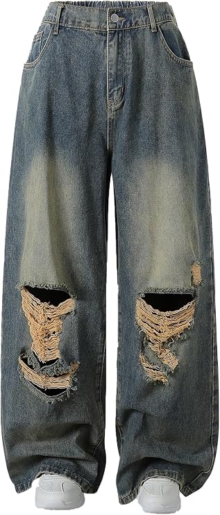 Plus Size Wide Leg Distressed Jeans,Relaxed Fit, Ripped Design, Casual Style