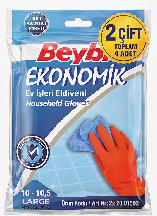 2 Çift Beybi Bulaşık ve Temizlik Eldiveni (10-10.5 Numara) - Büyük Boy Dayanıklı Doğal