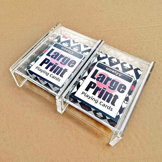 2 Pack Low Vision Playing Cards, Double Deck Acrylic Playing Card Case/Holder, Clear Storage Large Print Playing Card Box