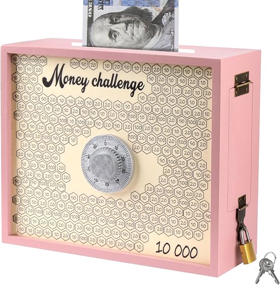 10000 Savings Challenge Box with Lock, Large Wooden 10k Money Saving Box Saver 10,000 Reusable Coin Money Challenge Cash Vault Savings Box Tracker Piggy Bank for Adults Kids, Pink