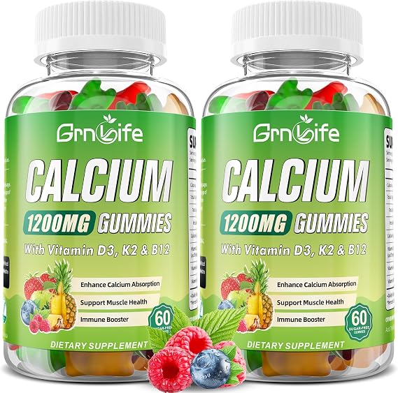 2 Pack Calcium Citrate 1200mg with Vitamin D3 Supplements Gummies for Women & Men, Calcium Gummies with Vitamin D3 K2 & B12, High Absorption for Muscle & Immune, Mixed Flavors, 120 Count