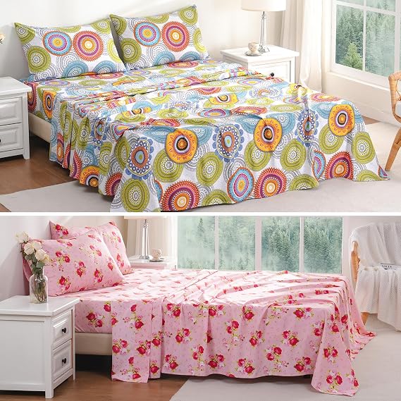 Bedlifes Floral Sheets Set King Mandala Patterned and Red Rose Pattern Sheets Set King