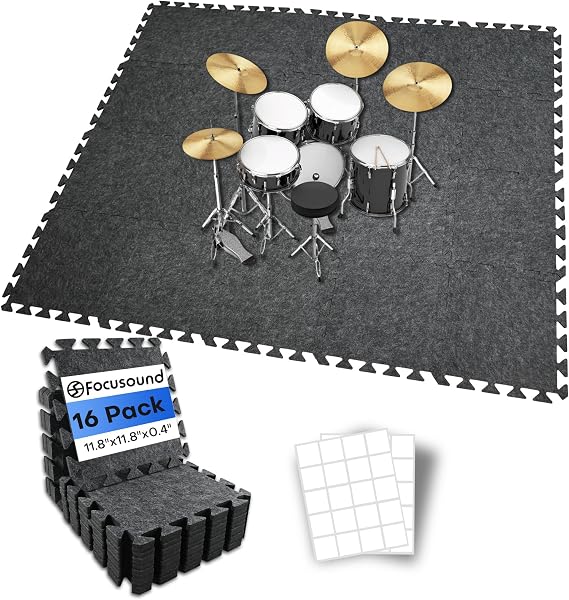 Focusound 16Pcs Sound Absorbing Interlocking Drum Rug, 11.8 x 11.8 x 0.4 inches High Density Soundproof Floor Mats, Non-Slip Anti Vibration Piano Carpet Drum Mat for Music Studio, Grey