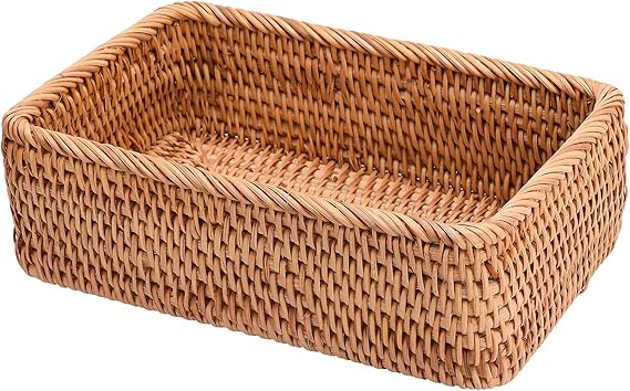 TITA-DONG Rattan Storage Baskets Rectangle Woven Bread Basket Rectangular Wicker Serving Organizer Tray Rattan Fruit Basket, Stackable Wicker Organizer for Kitchen Countertop Bathroom Living Room(L)
