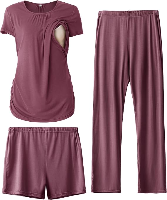 SUNNYBUY Women's Maternity Nursing Pyjamas Set, Short Sleeve Breastfeeding Shirts，Pregnancy Shorts & Pants 3 Piece Maternity Clothes Nightwear