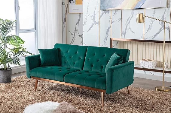 Mid Century Modern Velvet Fabric Couch Convertible Futon Sofa Bed Recliner Couch Accent Sofa Loveseat Sofa with Gold Metal Feet (1 Blackish Green)