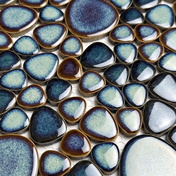 Ceramic Pebble Mosaic Tile, Teal Blue & Bronze, 5 Sq Ft
