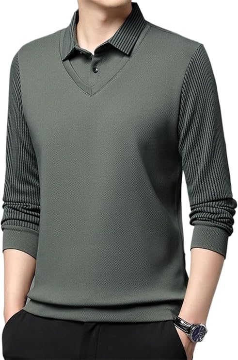 Men's Striped Lapel Fake Two Piece Shirt Business Casual Polo Shirt Spring Autumn Long Sleeve Dress T Shirt Tops