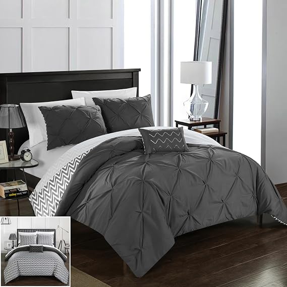 Chic Home CS2285-AN Jacky 4 Piece Reversible Comforter Bedding Set, Full/Queen, Grey
