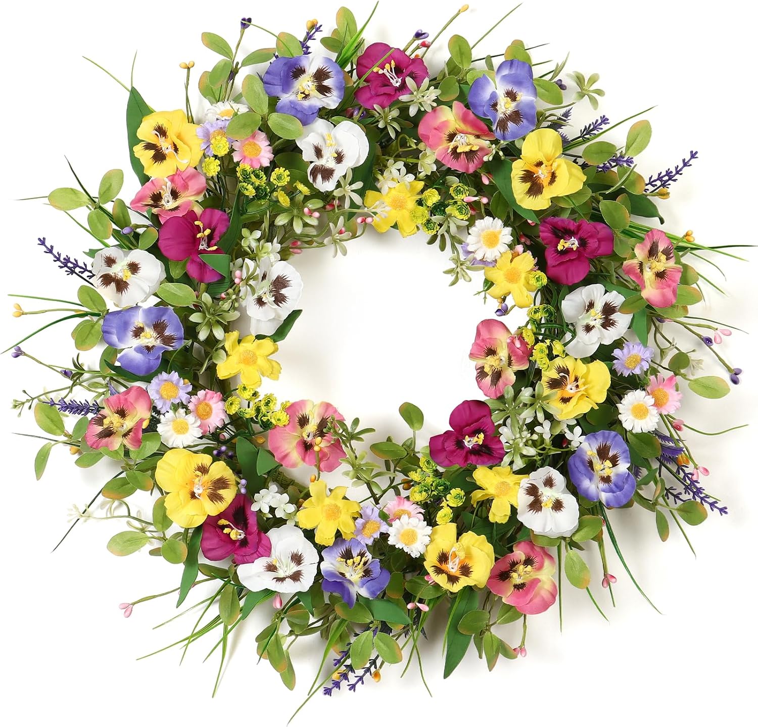Artificial Wreaths for Front Door 20 Inch Artificial Flower Pansy Wreath with Green Leaves Daisy Lavender Fern Wreaths Silk Fall Door Wreath for Farmhouse Outdoor Festival Wall Decor