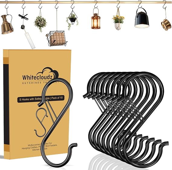 WHITECLOUDZ 10Pack Heavy Duty S Hooks for Hanging with Safety Buckle, Wall HangingHooks, Heavy Duty Hook with Safety Clip for Kitchen Utensils, Clothes, Ceiling Hook for Hanging Plants (9.2cm)