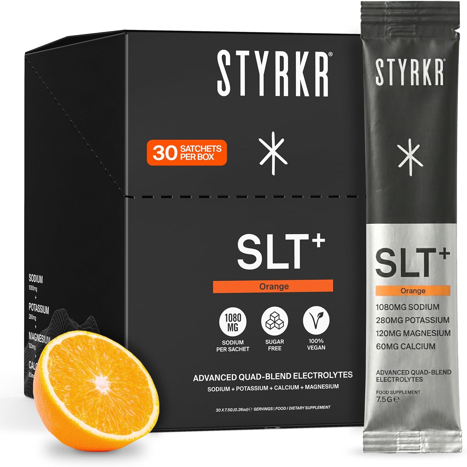 Styrkr SLT+ High Sodium Electrolyte Powder Sachets (30 Servings 1000mg+ Sodium) – Zero Sugar Hydration Drink Mix for Running, Cycling & Endurance – Electrolytes with Magnesium & Potassium (Orange)