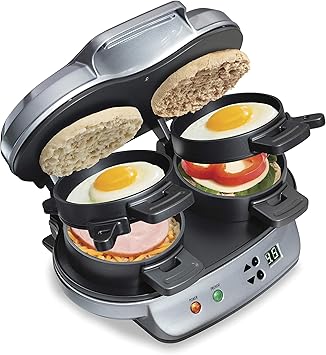 Hamilton Beach Dual Breakfast Sandwich Maker with Timer, Ready in 5 Minutes, Removable Dishwasher Safe PFAS-Free Non-Stick Egg Cooker Ring, Silver 25490MNA