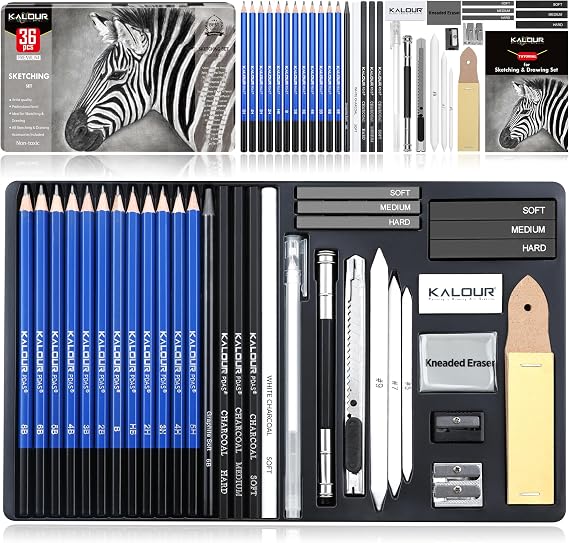 KALOUR PDAS Drawing Sketching Pencil Set, 36 Pro Art Pencil Kit, 12 Graphite Pencils (8B-5H), Black & White Charcoal Pencils, Charcoal Sticks, Stumps, Eraser, Sharpener, Tutorial, Art Supplies