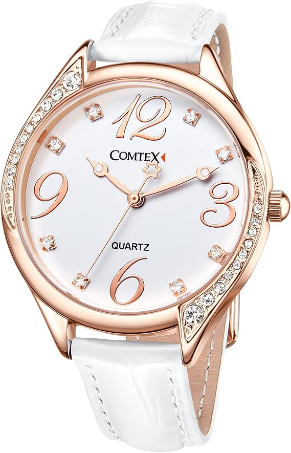 COMTEX Ladies Watch White Large Dial Face Crystal Diamante White Leather Strap Watch (Rose Gold)