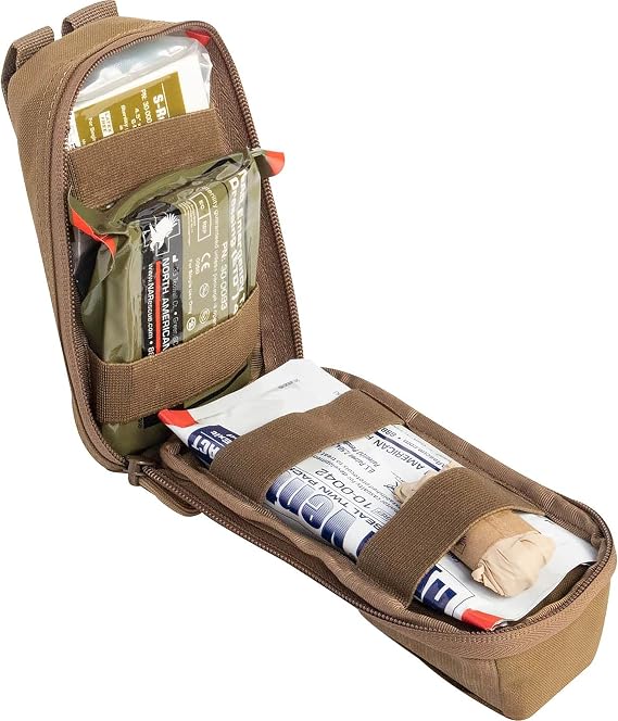 North American Rescue ROO M-FAK First Aid Kit (Coyote) NAR MOLLE First Responders Trauma Mini MFAK with C-A-T Tourniquet, HyFin Vent Chest Seals, 4" Flat ETD (80-1050)