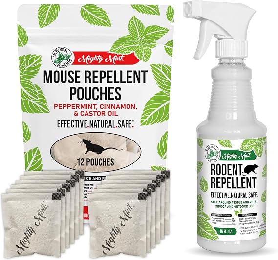 Mighty Mint Mouse Repellent Pouches & Rodent Repellent Spray Bundle
