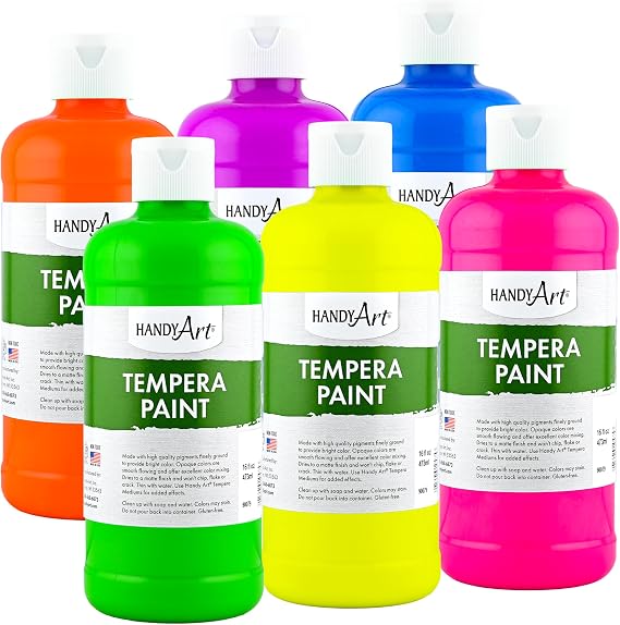 Handy Art Tempera Paint, Set of 6 Fluorescent Colors, 16 oz Bottle, Bright & Mixable, High Opacity, Glows UV Neon with Blacklight, Students, Kids, Young Artists, Safe & Non-Toxic, Made in USA