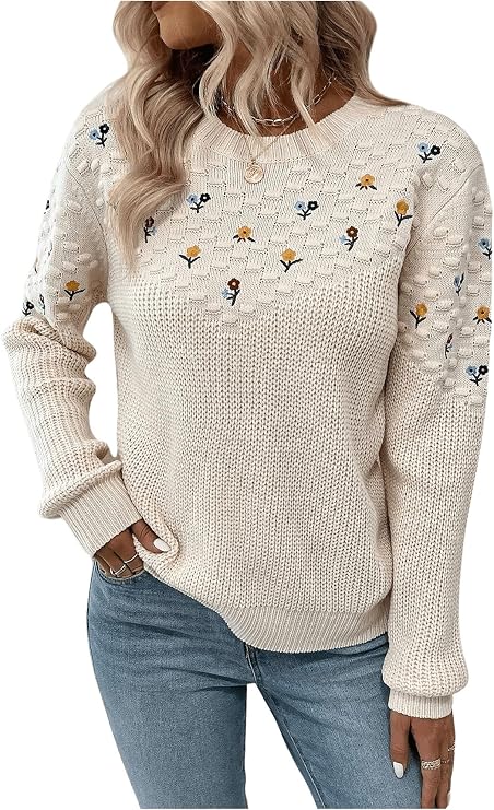 GORGLITTER Women's Fall Crochet Sweaters Lightweight Floral Long Sleeve Embroidered Knit Flower Cute Sweater Tops
